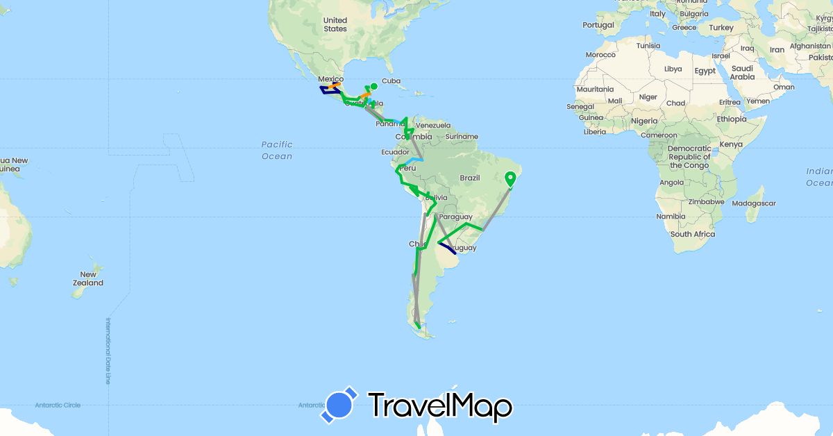 TravelMap itinerary: driving, bus, plane, boat, hitchhiking in Argentina, Bolivia, Brazil, Belize, Chile, Colombia, Costa Rica, Guatemala, Honduras, Mexico, Panama, Peru, El Salvador (North America, South America)